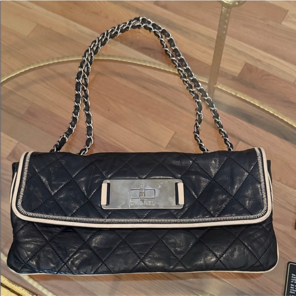 Chanel Black Quilted Shoulder Bag with Silver Accents comes with card